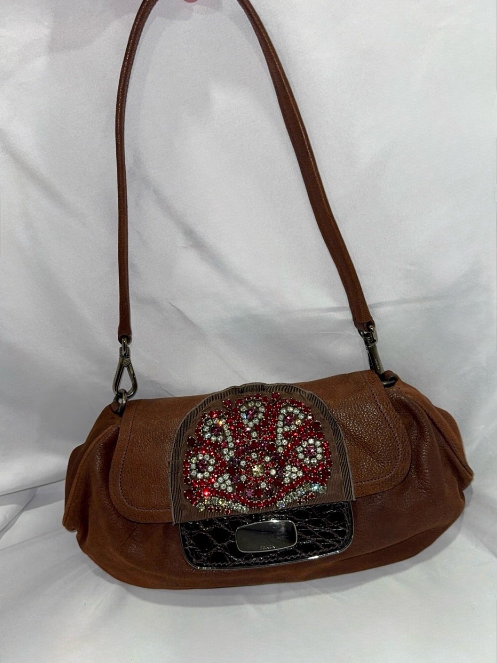 Prada Pattina Bruciato Shoulder Bag with Red and Silver Crystal Embellishment